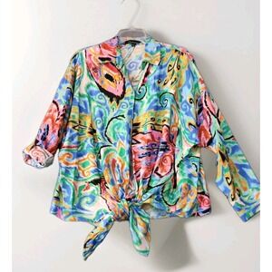 NEW Calessa Shirt Top Women M Tie Front Colorful Festival Travel Unique Print